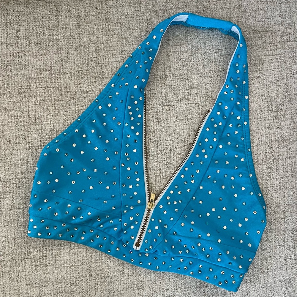 Sparkling Blue Sports Bra with Rhinestones & Front Zipper